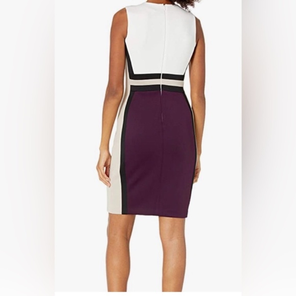 Calvin Klein off white aubergine beige color block scuba fit sheath dress size 2